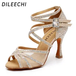 DILEECHI Latin Dance Shoes Gold Glitter Rhinestones With Net Women's Ballroom Dancing Shoes Salsa Soft Outsole Cuba Heel 9cm 240116