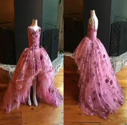 Imagem Real Vestidos Da Menina de Flor Para O Casamento Alto Baixo Rosa e Roxo Meninas Pageant Vestido de Renda Feito À Mão Flor Crianças Formal Gown6134919