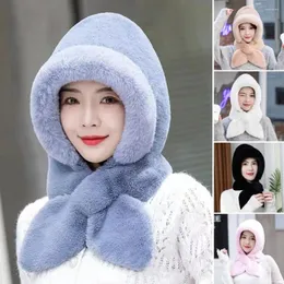 Berets Thermal Hat Women's Windproof Plush Lined Winter With Integrated Scarf 3-in-1 Neck Ears Warmer For Motorcycle Cycling Skiing