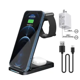 3 I 1 trådlös laddningsstation och 38W väggadapter Datumkabel för Watch Bluetooth Earphone Headset 15W Qi Fast Charging Cell Pho9818582