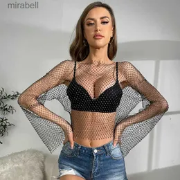 Blusas femininas Camisas Mulheres Sexy Malha Ver Através Camiseta Brilhante Strass Fishnet Oco Out Crop Top Manga Longa Praia Cover Up Party Club Regatas YQ240117