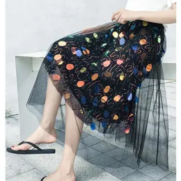 Skirts Women's Summer Sequined Mesh Tulle Skirt Faldas Mujer Moda 2024 Jupe Femme Largas Saia Longa Midi Maxi Rokken Black