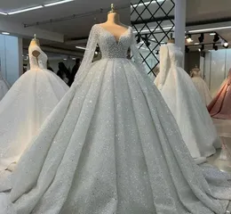 2024 Luxury Wedding Dress V-Neck Tulle Pearls Beaded Illusion Long Sleeves Sequins Women Bride Gowns Arabic Dubai Robe De Mariage Vestidos De Novias