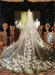 Ny design 3D Rose Flower Applique Wedding Veils Cathedral Lenght Long Bridal Veil med Comb Wedding Accessories6601689
