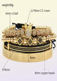 4st Set Gold Black Hip Hop Hand Made Pärlade armband Män Kopparbanor CZ Zircon Crown Roman Siffer Bangles Armelets smycken 20 S9463000