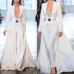 Berta White Jumpsuits Długie rękaw Satynowe sukienki wieczorne z długimi kurtkami plus szaty de soiree Pants garnitury imprezowe sukienki na balu 267x