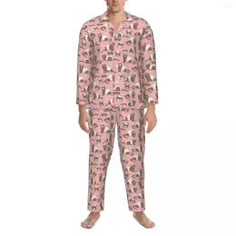 メンズスリープウェアパジャマの男性はフェレットピンクのレジャーナイトウェアアニマルプリント2ピースカジュアルセット長袖温かい特大のホームスーツ
