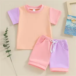 Roupas conjuntos de roupas para garotos coloridos de colorido colorido colo para pescoço redondo camiseta de manga curta e dois shorts de cores com roupas 4t meninos 6mo menino