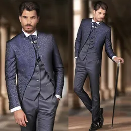 Signori Navy Groom Wear Motivo floreale Royal Nobility Abiti firmati da uomo 3 pezzi Abiti da uomo per feste di ballo234S