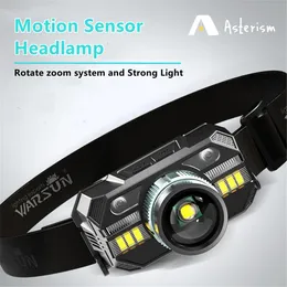 Motion Sensor Headlamp TypeC Rechargeable Head Flashlight Wave Sensing Fishing Light Led COB Lamp Zoomable Mini 240117