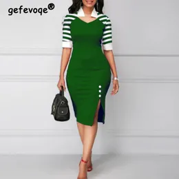 Dress 2022 Letnie ubrania damskie wysokiej talii proste eleganckie bodycon midi sukienka sexy v collo szczelina w paski patchwork party s