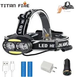 Motion Sensor Headlamp Headlight COB Head Lamp USB Rechargeable Waterproof Infrared Induction Flashligh Fishing Camping 240117