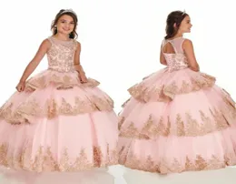 Blush Pink Gold Lace Cupcake Girls Pageant Quinceanera Dresses Mini Party Dress 2022 Jewel Jewel Laceup Flower Girl Dress