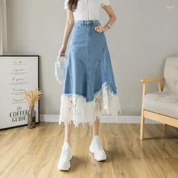 Skirts 2024 Cute Lace Patchwork Denim Skirt Women Korean High Waist Slim Irregular A Line Long Streetwear Midi Faldas