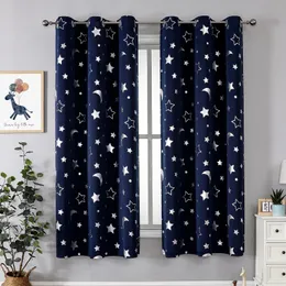 Room Darkening Curtains with Silver Star Moon for Boys Nursery Bedroom Blackout Kids Curtain Grommet Thermal Insulating Drapes 240116