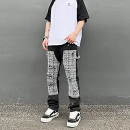 Schwarz-weiße Karo-Spleißarbeit, gerades Bein, Denim-Hose, Herren-Hip-Hop-Splash-Ink-Log-Hosen, Jeans, schmale Passform, Wash-Tear 240117