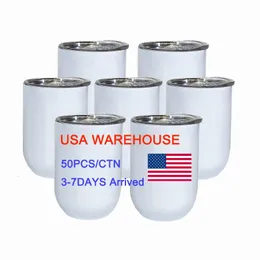 50er-Pack USA Warehouse 12oz gerade Sublimations-Weinbecher Vakuumisolierung Edelstahlbecher mit Deckel und Strohhalm 240117