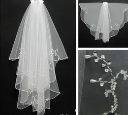 Véus de noiva Véu Velos de Novia WhiteIvory Tulle Casamento Curto com Combe Lantejoulas Frisado 2 Camadas em Stock1564402