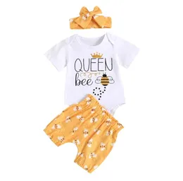 Kläder sätter baby flickor kläder set brev tryck kort hylsa oneck romper beedot shorts bowknot pannband barn039s summ1588964