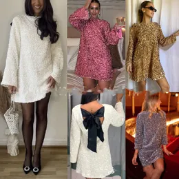 Damen Herbst- und Winterkleid, Rundhalsausschnitt, lange Ärmel, lockere Schnürung, sexy Paillettenrock, Nachtclub, europäisches und amerikanisches Kleid