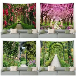 Spring Forest Floral Tapestry Rural Flowers Pink Red Garden Wall Hanging Decor Natural Landscape Home Living Room Tapestries Rug 240117