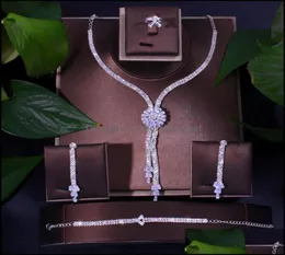 Brincos colar conjuntos de jóias 4 pçs conjunto de jóias acessórios de casamento noiva para mulheres luxo anel de zircônia cúbica e pulseira drop4480689