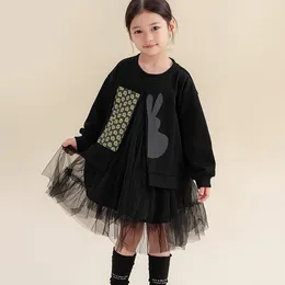 2024 Spring Big girls lace tulle dresses kids floral rabbit printed long sleeve dress children black gauze princess clothes Z6773