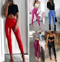 Marka Kadınlar Yüksek Bel Skinny Pantolon Parlak PU Patent Deri Tayt Pantolonları Kulüp Partisi Seksi İnce Uygun Katı Fashion4370108