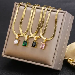 Vintage Zircon 14k Yellow Gold Necklace Flat Snake Bone Chain Blade Chain Square Emerald Pendant Necklace Women Dropshipping
