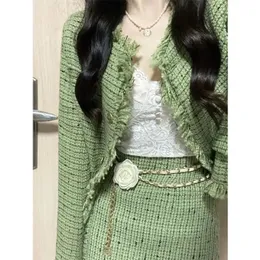 Conjuntos de saia feminina verde um pescoço único breasted manga comprida casaco alta cintura aline tweed borlas duas peças roupas senhora 240116
