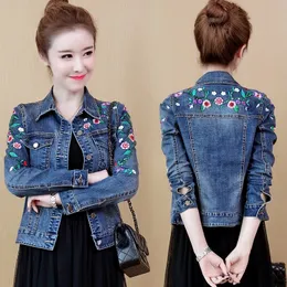 Embroidered Flower Denim Jacket 5XL Women's Short Coat 2023 Spring Autumn Vintage Slim Jeans Outwear Casual Female Tops 240116