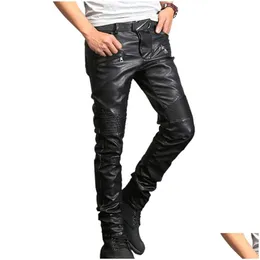 Men'S Pants Mens Ripped Moto Pants Ribbed Skinny Black Pu Leather Biker Slim Trousers Pencil Size 28-40 France Drop Delivery Apparel Dhg6L