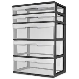 Sterilite Plastic 5 Drawer Wide Tower Black clothes organizer storage box containers 240116