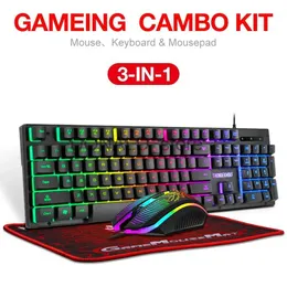 Keyboards RGB Backlit Keyboard 2400 DPI Optical Mouse 3-in-1 Wired Keyboard Mouse Headset Mouse Pad Combo Mechanical Game Set J240117