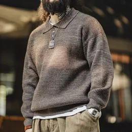 Вязаная рубашка-поло Maden в стиле ретро, свободный свитер кофейного цвета с лацканами, осень-зима, мужской джемпер Uncle Fu, повседневный трикотаж 240117
