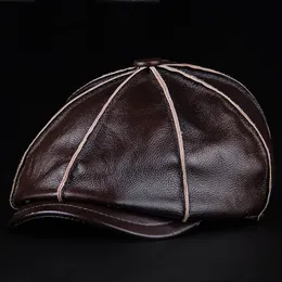 Autumn Winter Real Full Grain Cow Leather Octagonal Basker Cap For Men Outing Warm Retro Fashion Sboy Hat Justerable Visor 240116