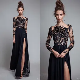 Elegante laço preto apliques vestidos de noite com ilusão manga longa 2017 chiffon até o chão lado dividir vestidos de baile formal par292i