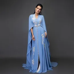 2021 Blue Plus Size Arabic Aso Ebi Sexy Chiffon Caftan Prom Dresses Embroidery Crystals Evening Formal Party Second Reception Gown2626