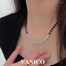 Ciondoli Mini perline Collana a catena in onice e strati Argento sterling 925 Semplice classico Stratificazione di pietre preziose in agata nera per le donne