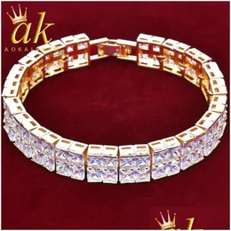 Bangle Bracelets Aokaishen Baguette Tennis Bracelet 8 Inch Iced Out For Men Real Gold Plated Hip Hop Jewelry Drop Delivery Dhtn8