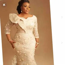 Asoebi Styles Sereia Prom Vestidos Formais Plus Size Africano Nigerial Manga Longa 3D Floral Lace Ocasião Evening Gown240q