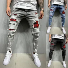 Men's Vintage Streetwear Paneled Ripped Casual Denim Pants European and American Zipper Skinny Jeans 240117