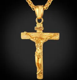 Ciondolo croce crocifisso da uomo con catena per battesimo, gioielli in acciaio inossidabile/oro 18 carati, collana antica con Gesù YS31924868306