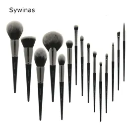 Sywinas conjunto de pincéis de maquiagem kit 15 peças de alta qualidade preto natural cabelo sintético profissional pincéis de maquiagem ferramentas 240116