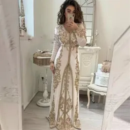 2023 أنيقة العاج المغربية Kaftan فساتين سهرة مسلمة الأكمام طويلة الأكمام الدانتيل الذهبي الإسلامي السعودي دبي الشامل Part246s