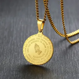 Men 14k Yellow Gold Disc Pendant Praying Hands Bible Verse Prayer Medal Necklace Jewelry