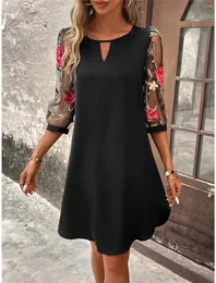 Vestidos casuais Contraste Mesh Dress Floral Print Dress Elegante decote de fechadura 3/4 roupas femininas de manga