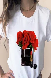 ملابس نساء طباعة زهرة العطور زجاجة حلوة قصيرة الأكمام قميص طباعة تي أنثى Tshirt أعلى امرأة عرضية 5156921