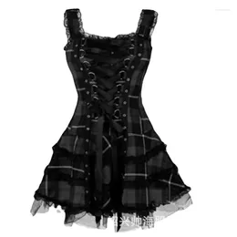 Casual Dresses Women's Plaid Printed Lace Dress With Buckle And Tie Up Sleeveless Mesh Midi Skirt