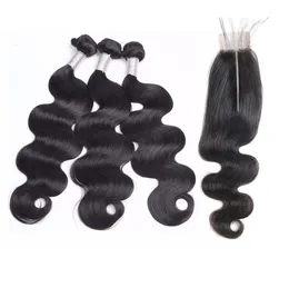 Brazilian Body Wave Human Hair Weaves 3 Bundles With 2x6 Kardashian Lace Closure Double Weft Dyeable Bleachable